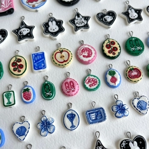 Pink hand-painted heart and cartoon ceramic pendants with metal loops for DIY necklaces