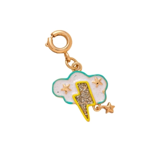 Gold lightning bolt and cloud charm pendant with glitter accents for trendy bags