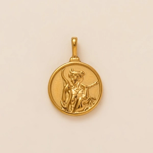 Vintage gouden tarot hanger met verfijnd mythologisch reliëf en een metalen sluiting