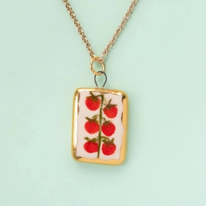 Artistic gold necklace with rectangular hand-painted tomato motif enamel pendant