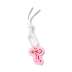 Handmade woven rope keychain with white carabiner and pink acrylic bow charm pendant
