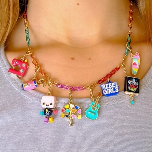Colorful enamel pendants necklace featuring robot and guitar charms on a gold chain