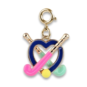 Detailed macro view of an enamel hockey stick heart charm for personalized jewelry