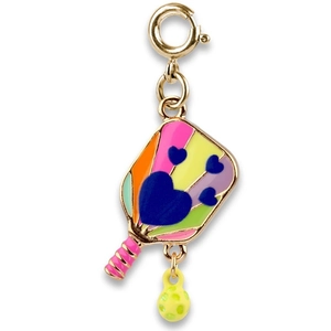 Detail of a golden pickleball paddle pendant with blue heart and yellow ball charm