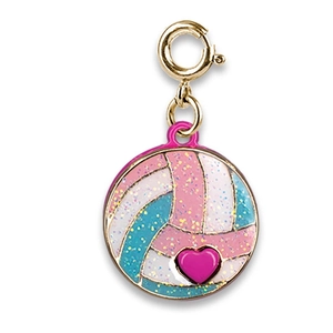 Glittery volleyball charm with pink heart detail and golden spring ring clasp for jewelry