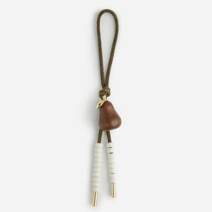 Detail of woven army green cord keychain with wooden pear charm and white beads