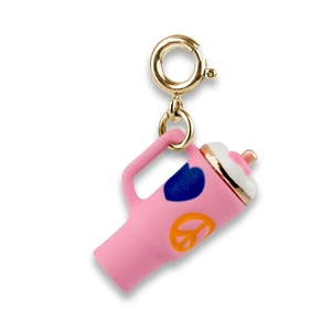 Detail of pink straw cup charm with heart and peace sign on a gold lobster clasp