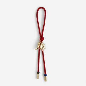 Close-up of red braided keychain with golden crescent horn and star charms
