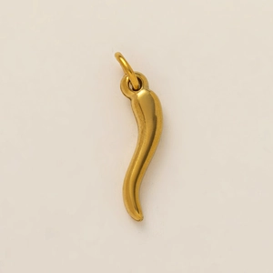 Detailed close-up of polished gold chili pendant with top ring for jewelry DIY