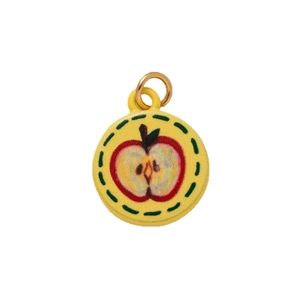 Round yellow pendant charm with red apple pattern and gold-plated clasp on white background
