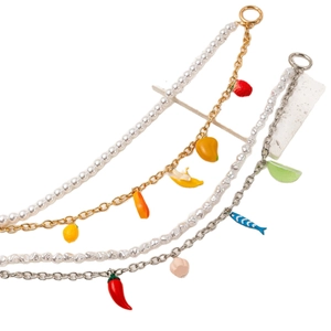 Colorful 14K gold plated bracelet set with vibrant fruit charms and faux pearl beads