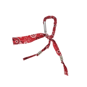Red bandana print fabric keychain with silver metal carabiner and decorative beads