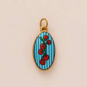 Vintage oval enamel pendant with blue stripes and red cherries in gold metal frame