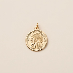 Detail of 18K gold-plated coin pendant featuring Marianne relief and ribbed edges