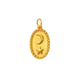 Gold plated oval pendant with celestial moon and star relief in vintage bohemian style