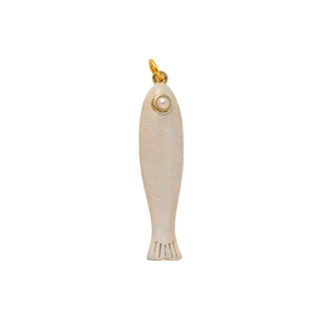 Cremeweißer Fisch-Anhänger mit Perlenauge und goldenem Ring für Ozean-Schmuck