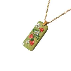 Rectangle strawberry flower pendant necklace with 18K gold plated stainless steel chain