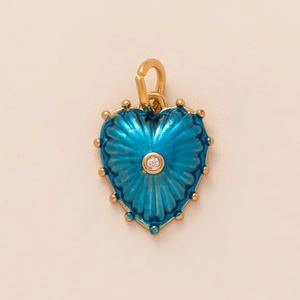 Blue enamel heart pendant with gold beaded edge and center sparkling crystal stone