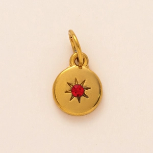 Detail of 18K gold plated round pendant featuring a red birthstone and starburst design