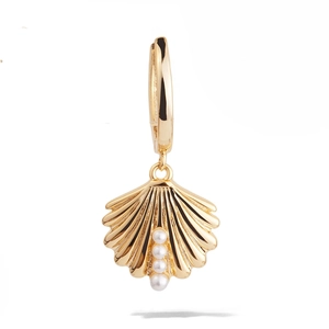 18K gold plated stainless steel huggie earrings with scalloped shell pearl pendants