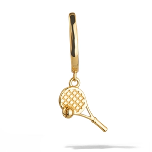 Detailed view of 18K gold plated stainless steel tennis racket and ball earrings