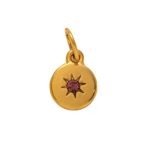 18K gold plated round stainless steel pendant featuring a purple birthstone and sunray design