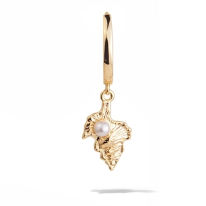 Detail view of 18K gold-plated irregular textured pendant earring with a white pearl