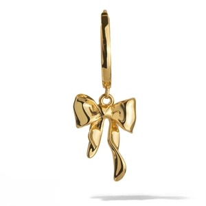 Close-up of polished 18K gold plated stainless steel bowknot drop earrings with mirror finish