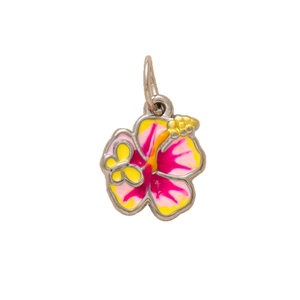 Hibiskusblüten Anhänger aus 18K vergoldetem Stahl mit pinken und gelben Emaille Details