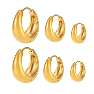 Three pairs of golden stainless steel hoop earrings in small, medium, and large sizes