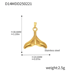 Detailed dimensions of a golden stainless steel whale tail pendant with size markings