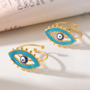 Anello regolabile Occhio del Male in acciaio inossidabile dorato con smalto blu