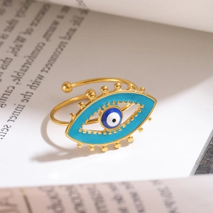 Anello regolabile malocchio in acciaio inossidabile dorato con smalto blu