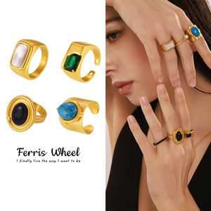 Vintage Stainless Steel Rings For Women Zircon Agate Turquoise Inlaid Gold Steel Color Bohemian Finger Ring Jewelry