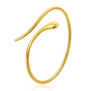 Polished 18K gold plated brass snake open bangle with green gemstone eye detail