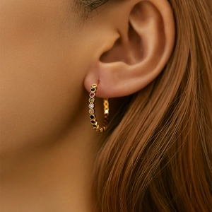 Classic 18K gold plated brass hoop earrings with multi-colored cubic zirconia stones