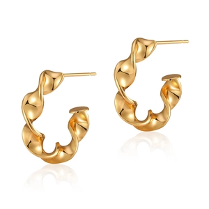 Polished 18K gold plated brass earrings featuring a modern twisted C-shaped spiral design