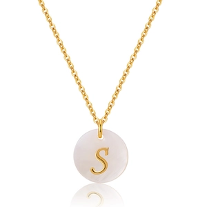 Macro de collier en laiton plaqué or 18K avec nacre naturelle et pendentif lettre S