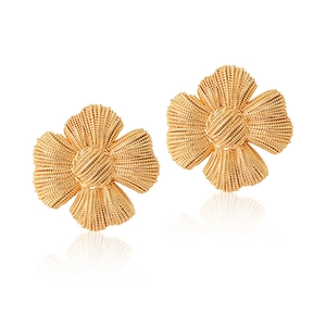 Retro 18K gold plated brass floral earrings featuring textured bead petals on white background