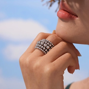 Chunky silver beaded multi-layer wide band ring for women in polished stainless steel