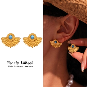 Pendientes de Botón en Forma de Abanico de Turquesa de Acero Inoxidable Bohemio Vintage Chapados en Oro de 18K