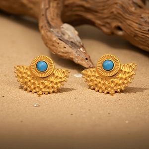 Pendientes de abanico en acero inoxidable chapado en oro 18k con turquesa azul natural