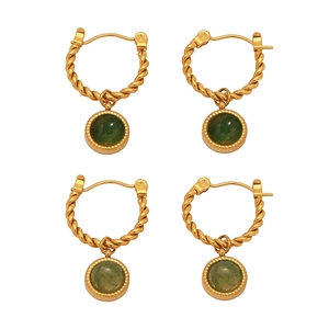 French vintage gold twist hoop earrings set with round green agate stone pendants