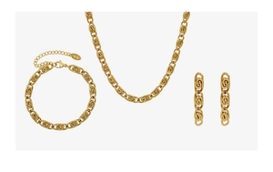 Detail eines goldenen Spiralketten-Schmucksets mit Halskette und Armband samt K18-Gravur