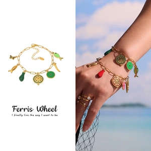 Fashion Stainless Steel Ferris Wheel Enamel Charm Bracelet For Women Gold Plated Zirconia Inlaid Bohemian Evil Eye Fish DIY Jewelry