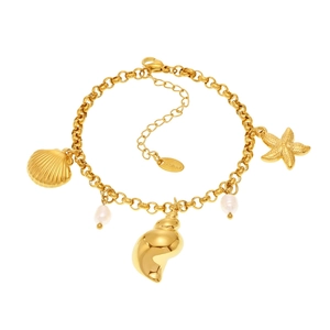 Bracciale in acciaio dorato con ciondoli a conchiglia, stella marina e perle