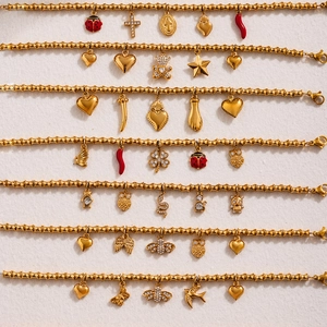 Golden bamboo chain bracelets with colorful zircon charms and enamel pendants