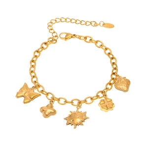 Bracelet doré en acier inoxydable avec breloques papillon, soleil, fleur et fraise