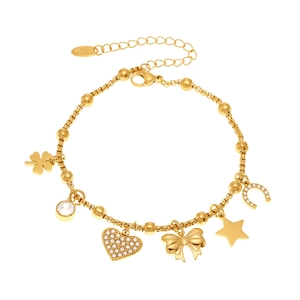 Goldenes Edelstahl-Armband mit 5A-Zirkonia-Herz, Schleife-Anhängern und Karabiner