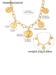 Specifiche dettagliate delle dimensioni della collana con monete d'oro in acciaio